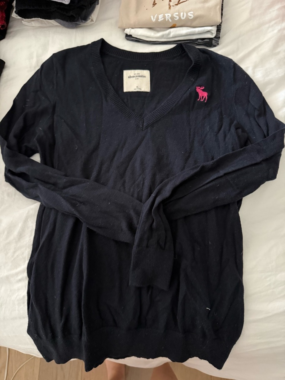 Abercrombie & Fitch Black V-Neck Sweater with Pink Logo Accent